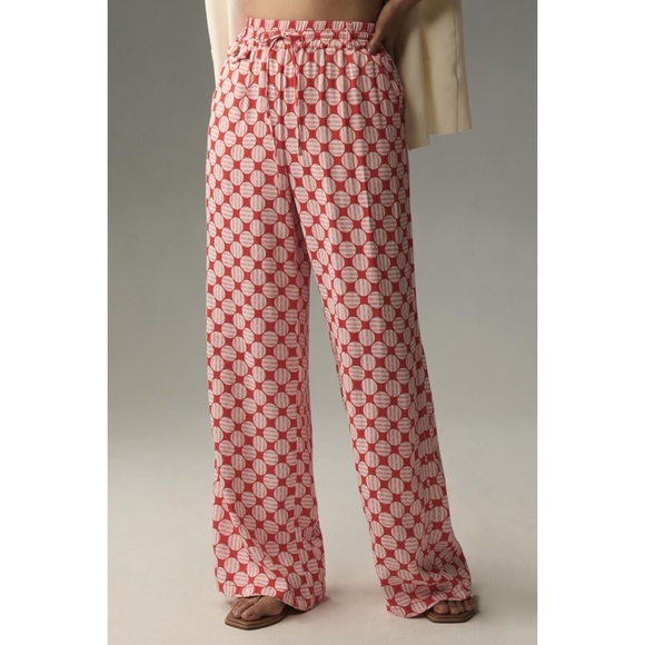 Anthropologie Maeve Printed High Rise Straight-Leg Drawstring Pants Red & Pink‎